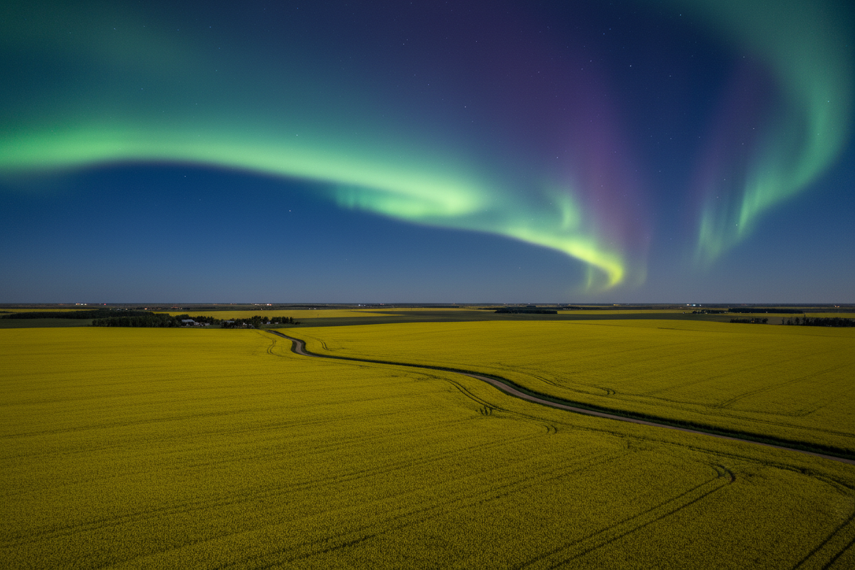 Drone shot in Saskatchewan with grown canola fieldswith the northern lights dancing 